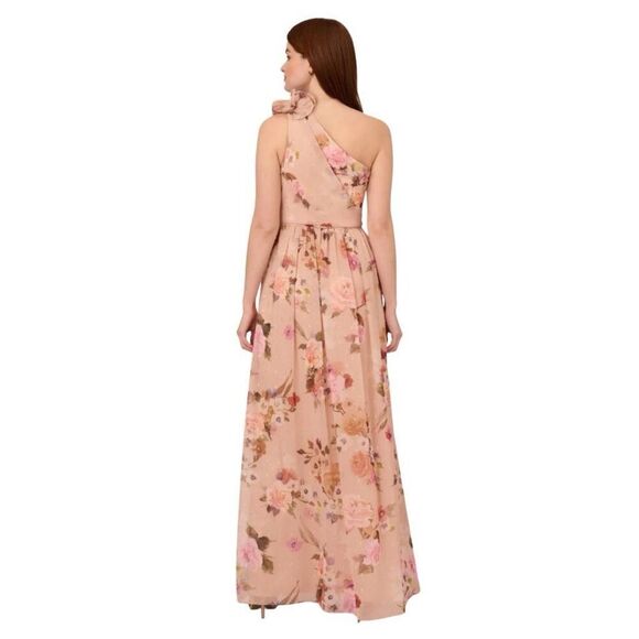NWT Adrianna Papell Champagne Multi Nude Floral One Shoulder Gown Bridesmaid - Picture 3 of 10